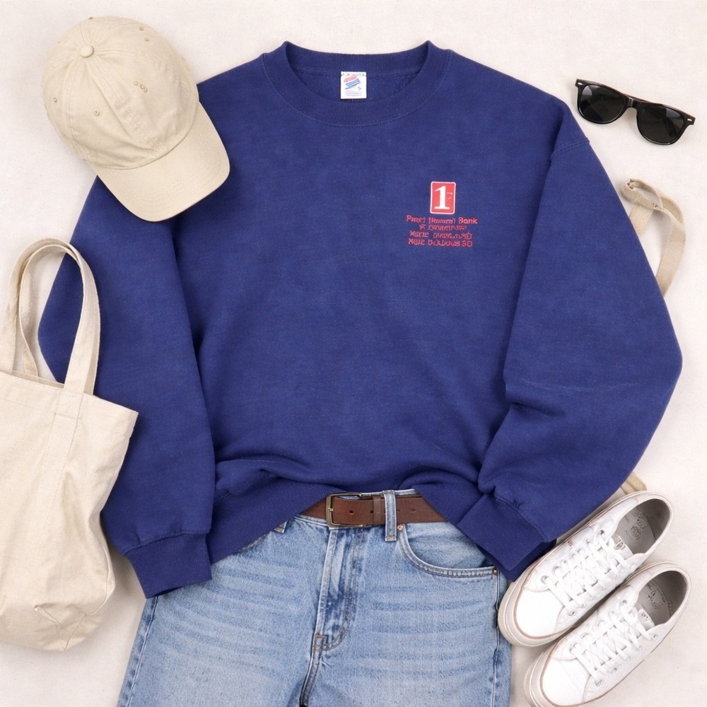 Vintage 90s Jerzees Super Sweats First National Bank Blue Sweatshirt Mens L